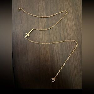 UNISEX Side-Rose Gold Cross Necklace Stainless Steel (16”)